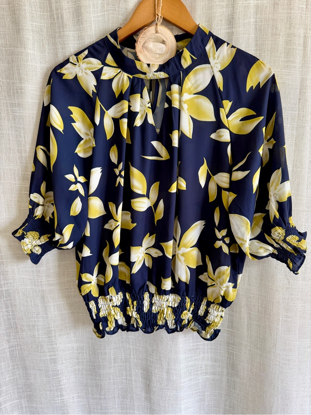 ANGELEYE Navy Floral Blouse with Yellow & Cream Accents